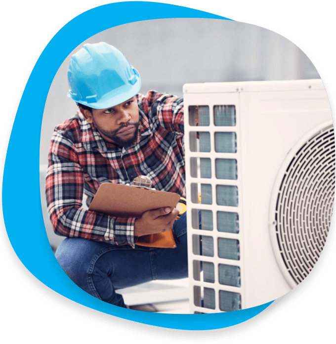 Black man, electrician with clipboard for air conditioner inspection